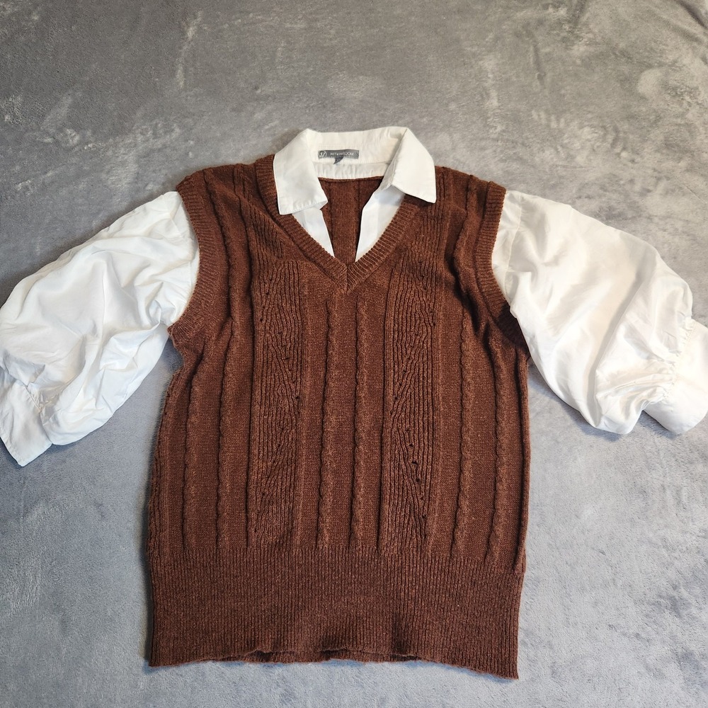 Wit & Wisdom Women's XS 2-in-1 Layered Cable Knit Sweater Vest Shirt Combo Brown
